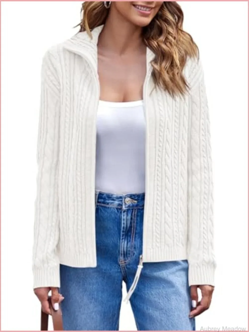 Cable Knit Zip Up Cardigan Sweater Open Front Long Sleeve Vintage